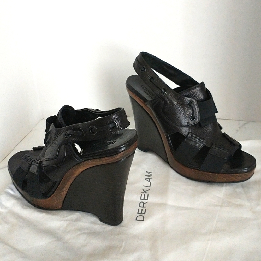 Derek Lam Genuine Leather Wedge Slingback Sandals - Black Size 37 - Picture 1 of 8